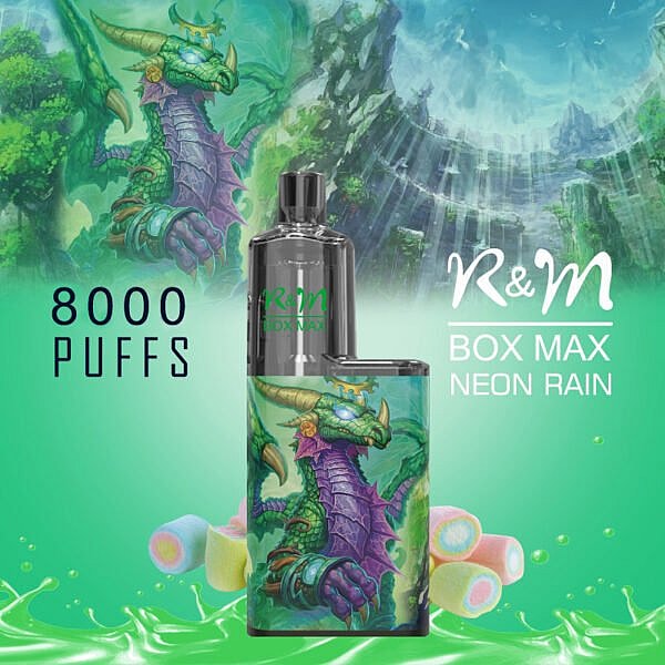 En färgglad vape-enhet med drakdesign, märkt "R&M Box Max Neon Rain", som erbjuder 8000 bloss.