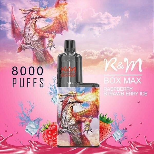 En vape-enhet märkt "R&M Box Max" med en färgglad drakedesign, som erbjuder 8000 puffar och smak av hallon-jordgubbsis.