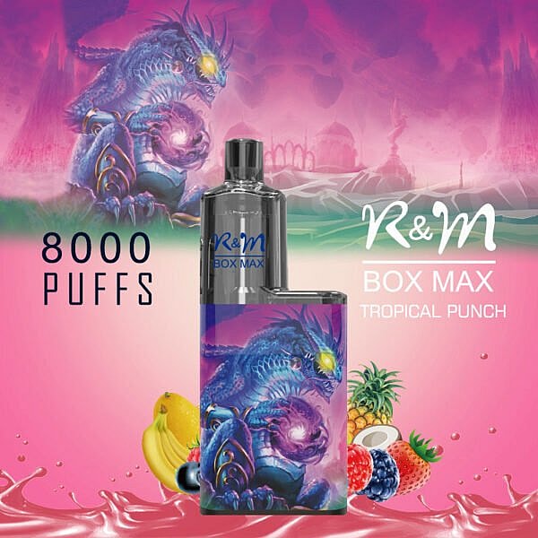 R&M Box Max vape med tropisk punch-smak med 8000 puffar, visad med en blå drakegrafik och fruktsortiment på en rosa och lila bakgrund.