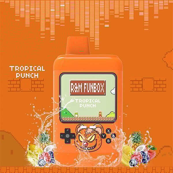 Orange handhållen spelenhet märkt "R&M Funbox" med en "Tropical Punch"-smak, med en björnkaraktär och omgiven av stänkande tropiska frukter.