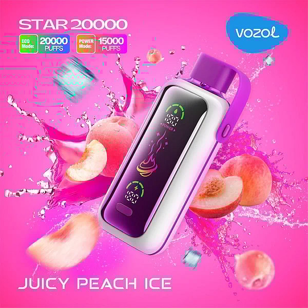 Promotional image of the Vozol Star 20000 vape device in Juicy Peach Ice flavor, featuring a pink-themed background with peaches and ice cubes, highlighting eco and power modes offering 20,000 and 15,000 puffs respectively.