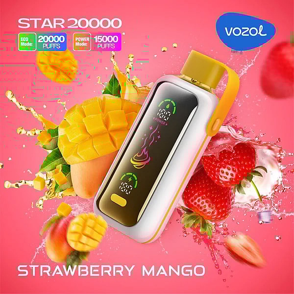 Promotional image of the Vozol Star 20000 vaping device in strawberry mango flavor, featuring a colorful design with mangos and strawberries in the background.