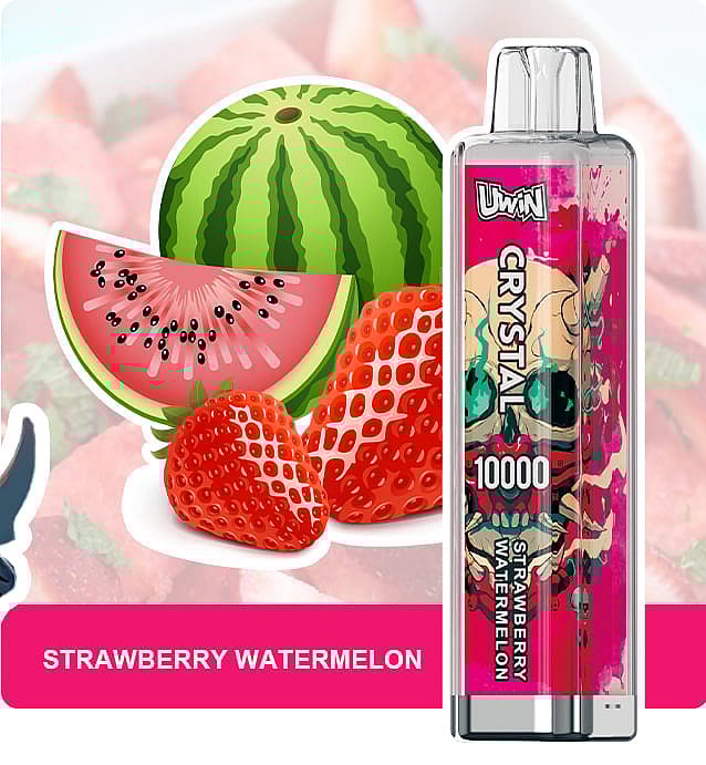 Product image featuring a strawberry and watermelon flavored vaping device from the brand UWin Crystal, accompanied by graphics of a watermelon and strawberries.