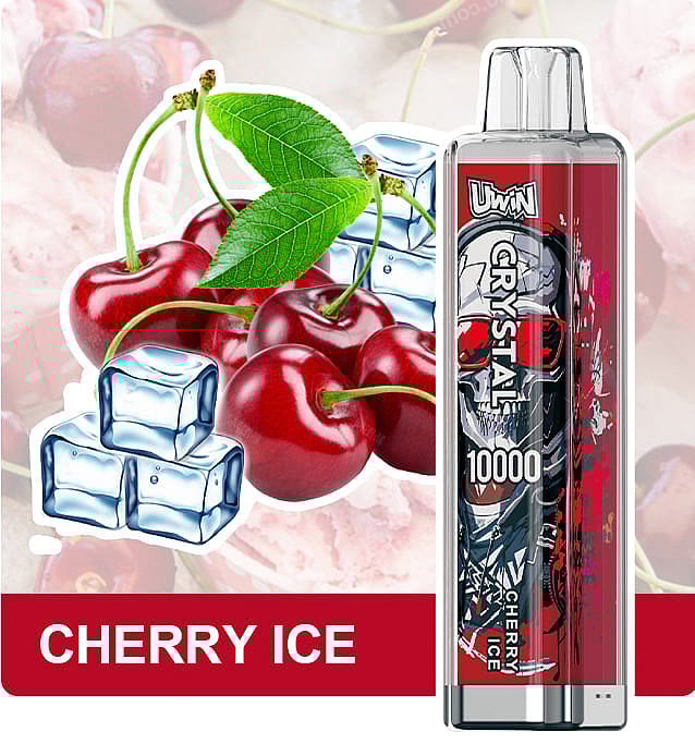 A vaping device labeled 'Cherry Ice' 10000 is displayed next to a design featuring fresh cherries with ice cubes, set against a cherry-themed background.
