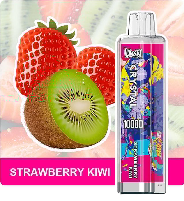 A vibrant product image showing a vaping device branded 'UWIN Crystal 10000' with a strawberry kiwi flavor, decorated with colorful artwork, and accompanying visuals of fresh strawberries and a kiwi fruit slice.