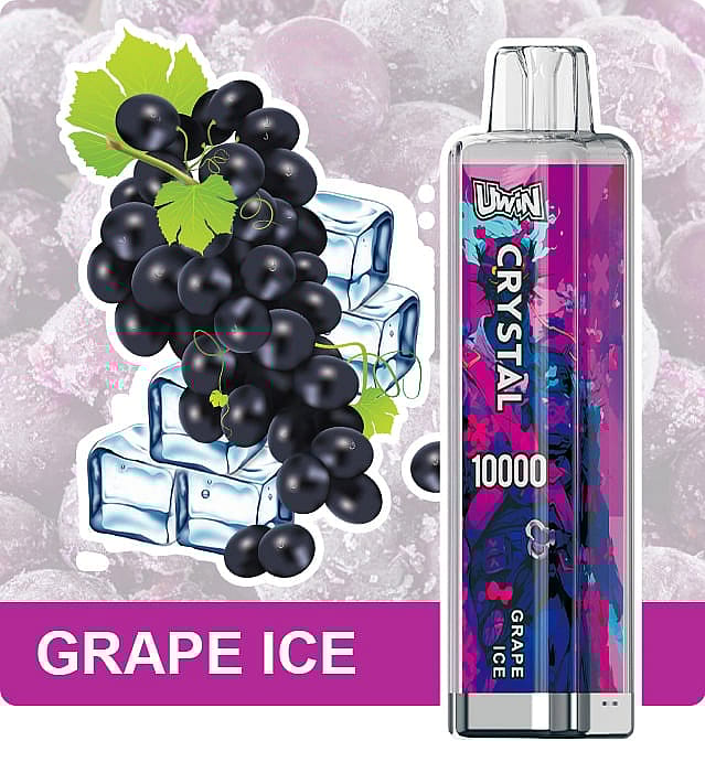 A promotional image featuring a UWIN Crystal vape device labeled 'Grape Ice' alongside illustrations of black grapes, ice cubes, and a purple background.
