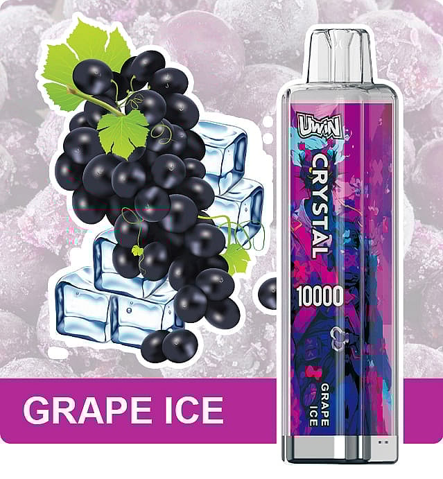 A promotional image featuring a UWIN Crystal vape device labeled 'Grape Ice' alongside illustrations of black grapes, ice cubes, and a purple background.
