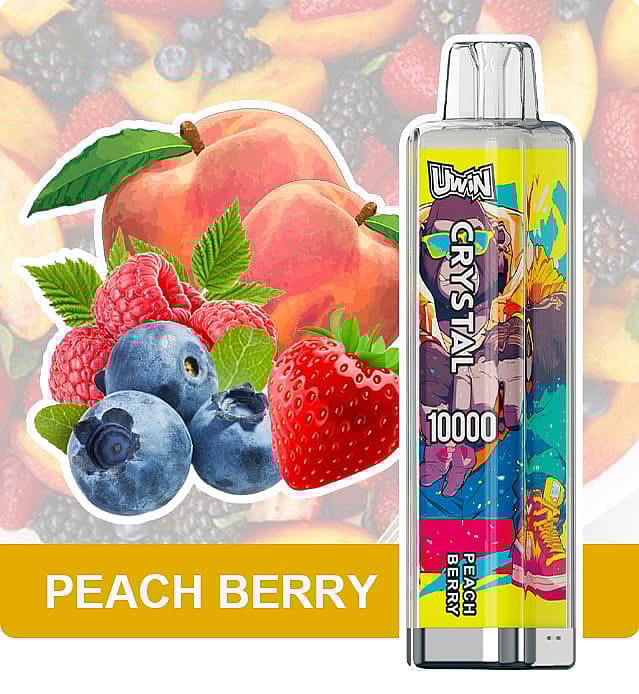 A product display of the UWIN Crystal vape with a peach berry flavor featuring an illustrated colorful design on the device, with images of peaches, strawberries, blueberries, and raspberries in the background.