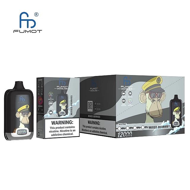 Emballage de la digital box vape de Fumot, représentant un singe de dessin animé portant un chapeau jaune et des lunettes, avec des avertissements textuels sur la dépendance à la nicotine et l'arôme "Mixed Berries".