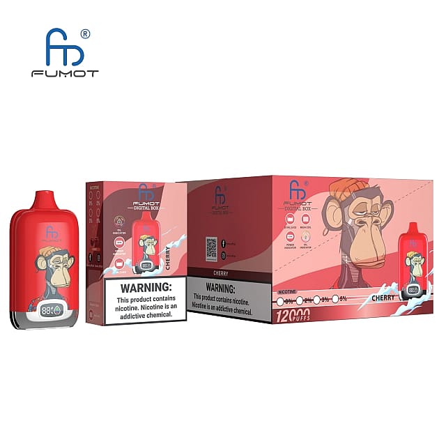Dispositif de vaporisation rouge avec un écran numérique et une illustration de singe de bande dessinée, étiqueté "CHERRY" et "FUMOT", à côté d'un emballage présentant le même dessin et des étiquettes d'avertissement sur la teneur en nicotine.