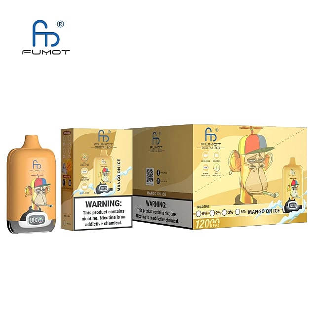 Emballage et dispositif pour la FUMOT Digital Box vape en saveur "Mango on Ice" avec illustration de singe de dessin animé, étiquette d'avertissement de nicotine, et indicateur de 12000 bouffées.
