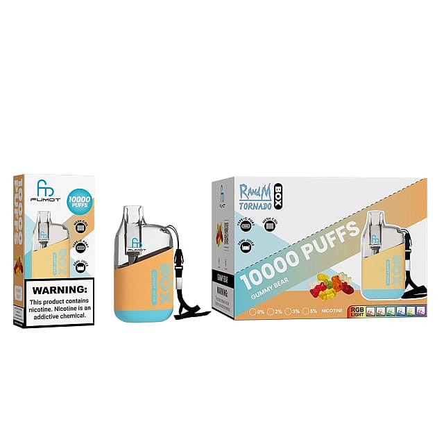 Confezione in scatola e dispositivo per svapare con cordino, etichettato "10000 tiri" e aroma "Orsetto gommoso", con un'avvertenza sulla nicotina.