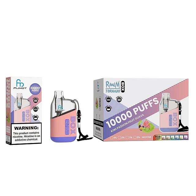 Dispositivo per svapare usa e getta etichettato "Randy Tornado Box" con 10.000 boccate, aroma kiwi, frutto della passione e guava e livelli di nicotina pari a 0%, 2% e 3%, mostrato con la confezione.