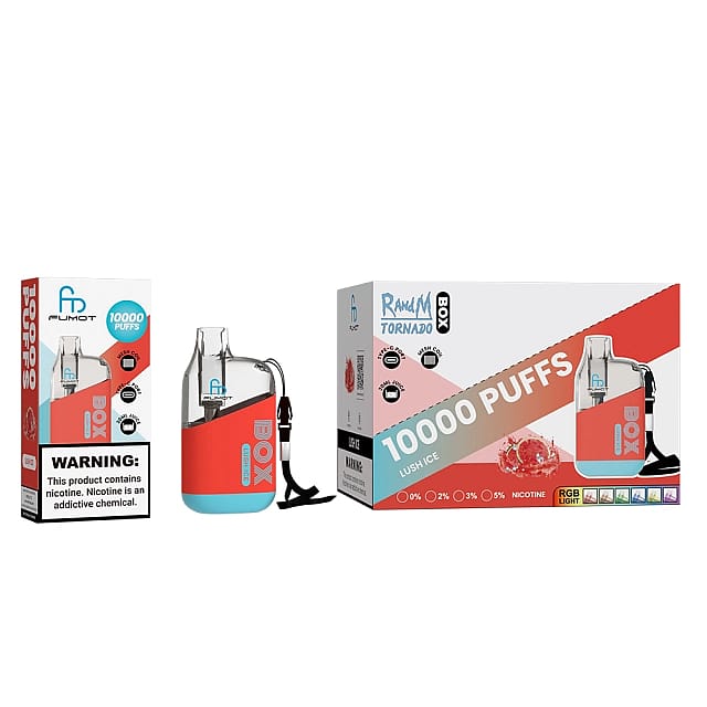 Dispositivo per svapare usa e getta con etichetta "10.000 PUFFS" e aroma "LUSH ICE", caratterizzato da un design compatto, un'avvertenza sulla dipendenza da nicotina e indicatori luminosi RGB sulla confezione.