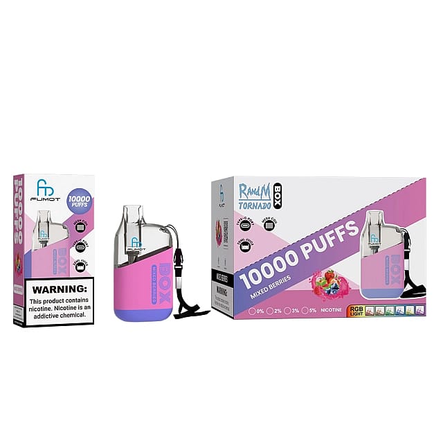Dispositivo per svapare usa e getta e confezione recante l'etichetta "10000 boccate, Mixed Berries, Rainbow Tornado Box" con avviso di nicotina e luce RGB visualizzata.