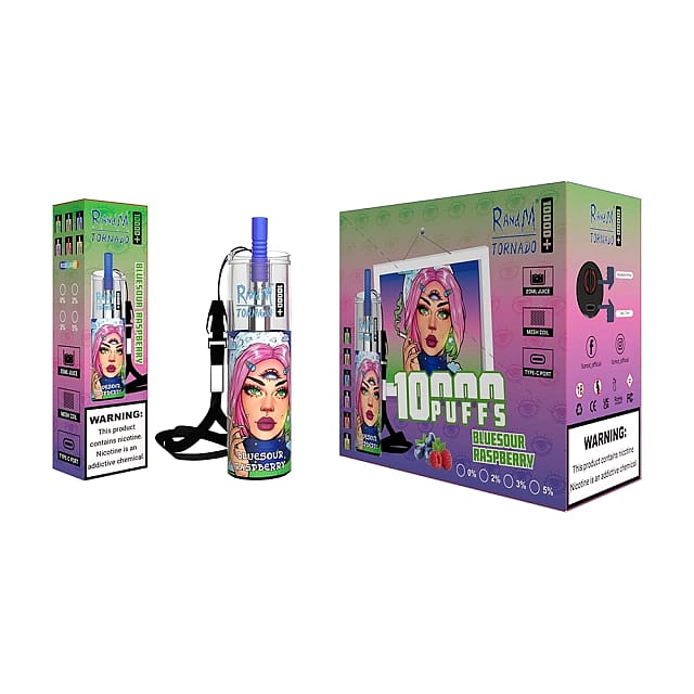 R&M Tornado vape al gusto "Blue Sour Raspberry", caratterizzato da un design colorato con un personaggio dei cartoni animati sulla confezione, offre 10.000 boccate e include avvertenze sul contenuto di nicotina.