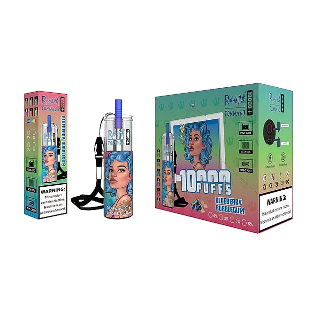 Confezione blu per dispositivo per svapare con l'etichetta "Ranq Tornado", con 10.000 boccate, aroma di chewing gum al mirtillo e raffigurante una donna con i capelli blu.