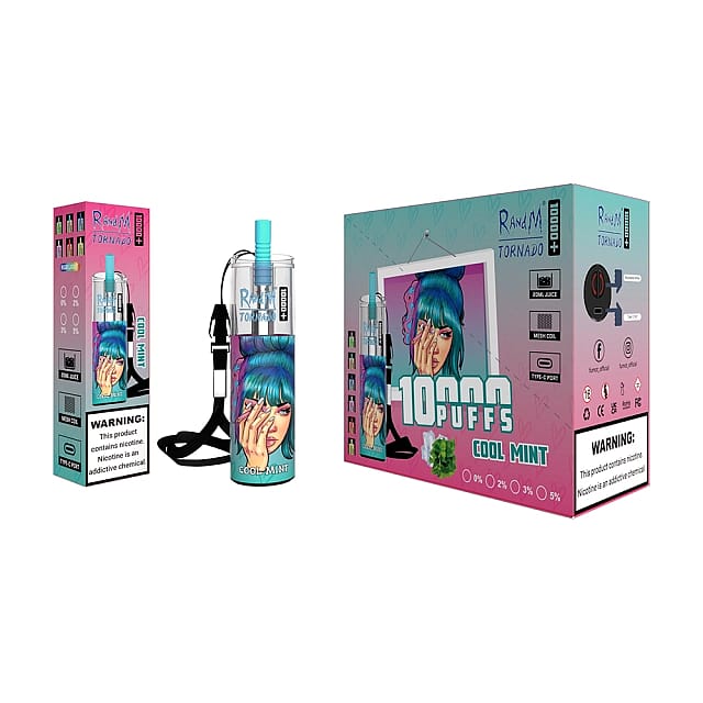Un fantastico dispositivo per svapare alla menta e una confezione raffigurante una donna stilizzata con i capelli blu, marchiata "Ranwa Tornado" con 10.000 tiri.