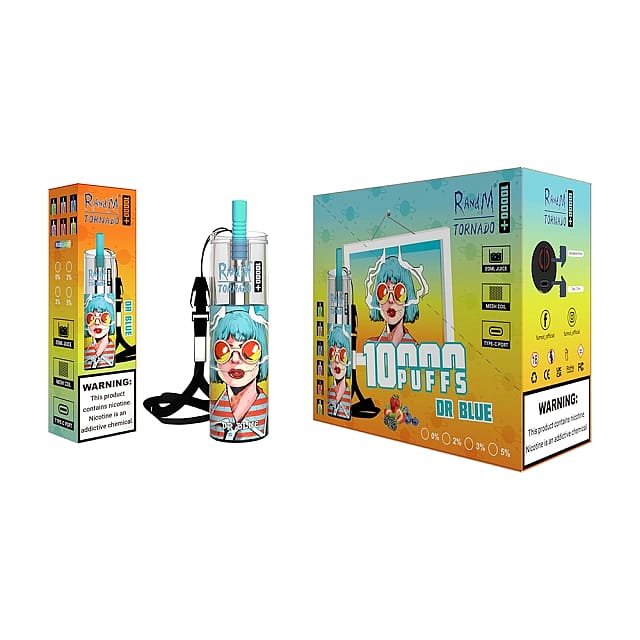 Sigaretta elettronica usa e getta R&M Tornado 10000 Puffs con confezione aromatizzata "Dr Blue", raffigurante un personaggio dei cartoni animati con i capelli blu e occhiali da sole, esposto accanto alla scatola del prodotto e alle etichette di avvertenza sul contenuto di nicotina.