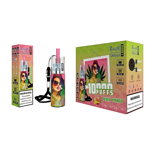 Una confezione di prodotto per svapare etichettata "Ranvi Tornado Peach Mango" con un design colorato raffigurante una donna con occhiali da sole, un cordino e il testo "10.000 tiri".