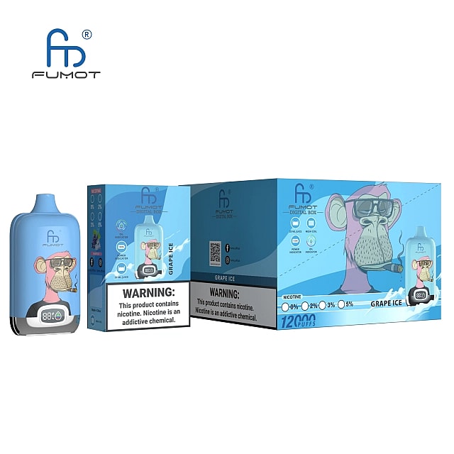 Disposable vape devices and packaging with a monkey graphic and the brand "Fumot," labeled "Grape Ice," "12000 puffs," and a nicotine warning.