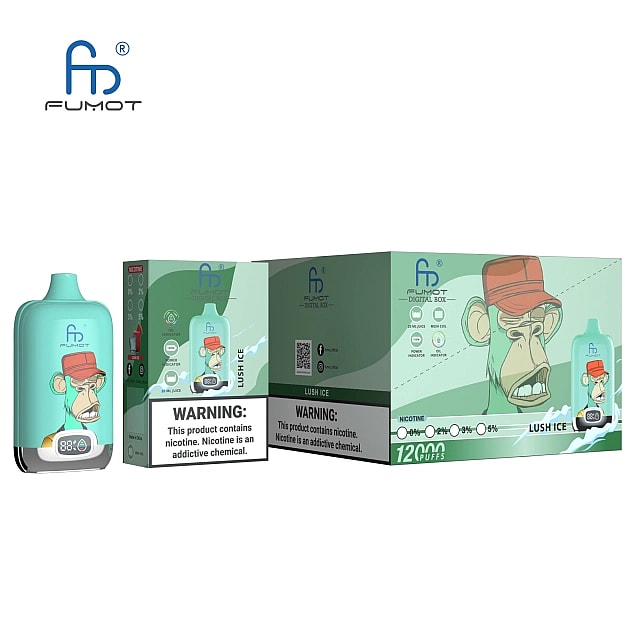 FUMOT disposable vape box and device in Lush Ice flavor with 12000 puffs, including a nicotine addiction warning.