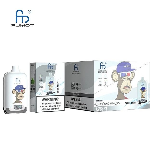 FUMOT Digital Box Cool Mint disposable vaping device packaging with a cartoon monkey illustration, nicotine warning labels, and 12000 puffs information.