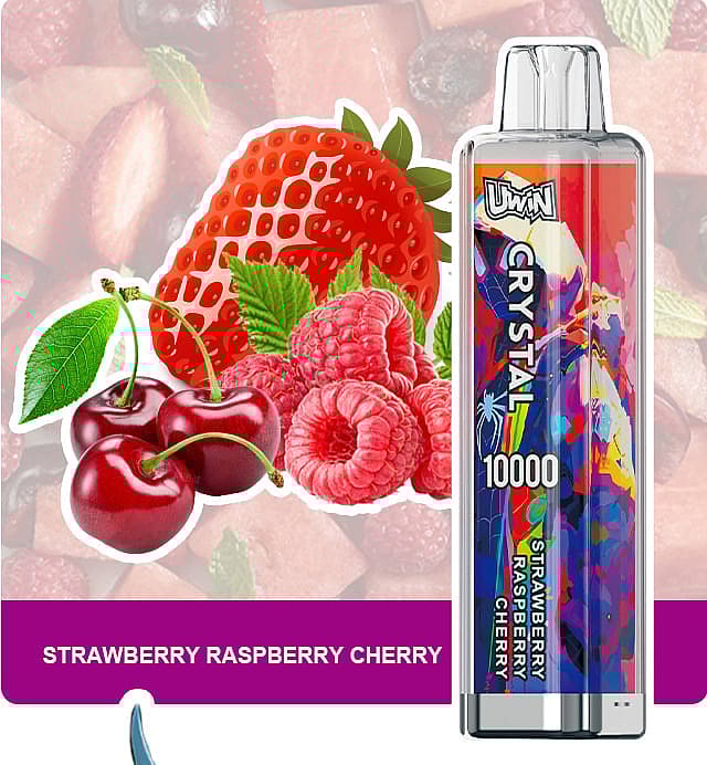 An e-cigarette with a vibrant design labeled 'Crystal Strawberry Raspberry Cherry 10000,' displayed alongside vivid illustrations of strawberries, raspberries, and cherries.