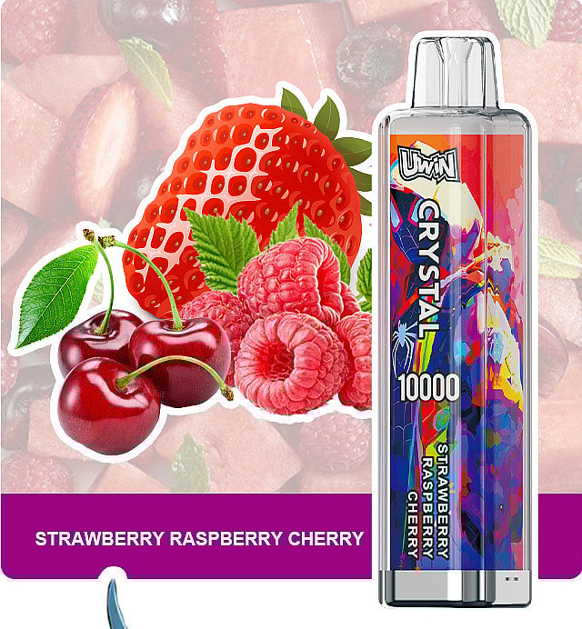 An e-cigarette with a vibrant design labeled 'Crystal Strawberry Raspberry Cherry 10000,' displayed alongside vivid illustrations of strawberries, raspberries, and cherries.