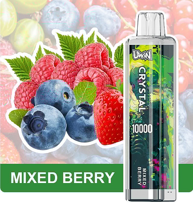 A promotional image for a mixed berry-flavored vaping device featuring an assortment of berries, including blueberries, raspberries, and strawberries, alongside the product labeled 'Crystal 10000', with green-toned packaging.