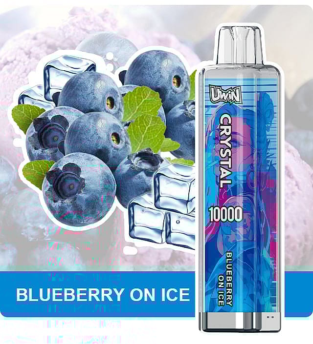 A promotional graphic featuring a detailed depiction of blueberries with ice cubes and mint leaves, alongside a bright, stylized e-cigarette labeled 'Blueberry on Ice' and showing the 'UWin Crystal 10000' branding.