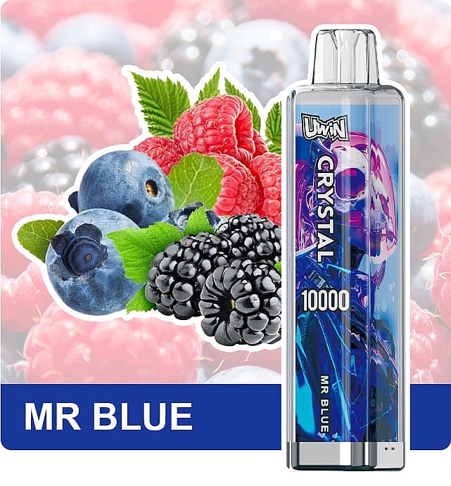 A promotional image of the Uwin Crystal vape with a 'MR BLUE' flavor, featuring depictions of blueberries, raspberries, and blackberries, alongside the device design labeled with its capacity of 10000 puffs.