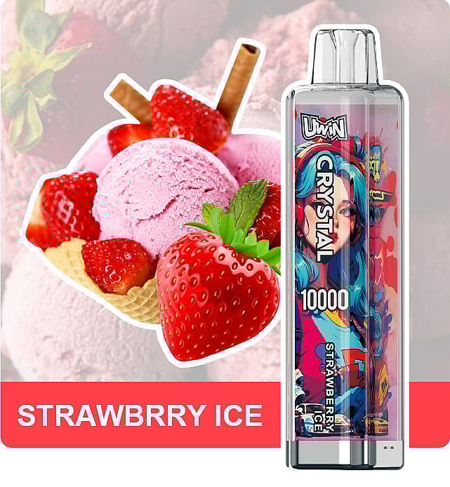 A dessert-themed graphic featuring pink strawberry ice cream, fresh strawberries, waffle cones, and a disposable vaping device labeled 'Strawbrry Ice' with a colorful design.