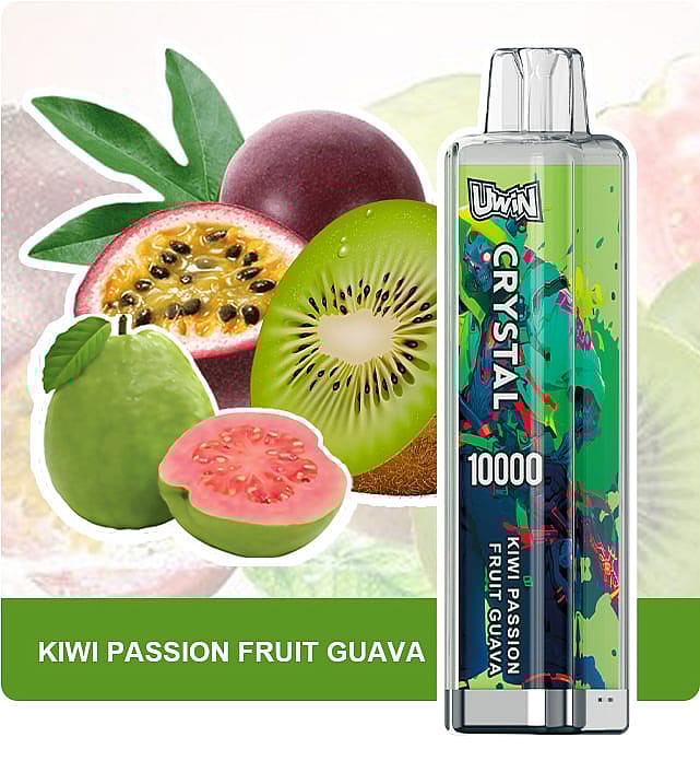 A promotional image featuring a Kiwi Passion Fruit Guava disposable vape with 10,000 puffs and illustrations of kiwi, passion fruit, and guava fruits.