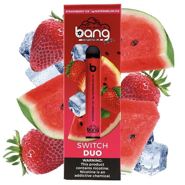 Confezione per sigaretta elettronica usa e getta raffigurante immagini di fragola e anguria, con testo che indica i gusti "Strawberry Ice" e "Watermelon Ice" e un'etichetta di avvertenza sulla nicotina.