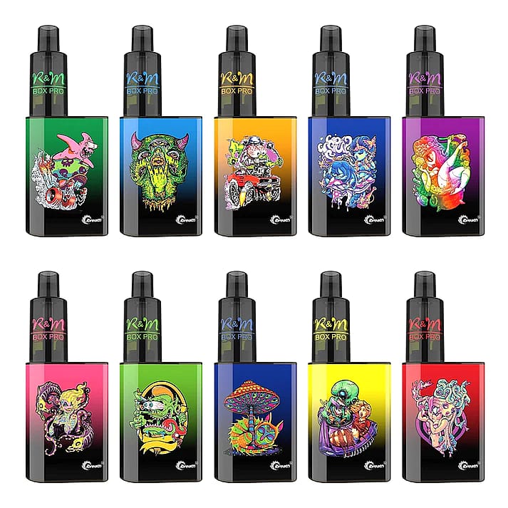 Una collezione di 12 dispositivi per lo svapo colorati con design grafici unici e vivaci raffiguranti vari personaggi dei cartoni animati e arte astratta.