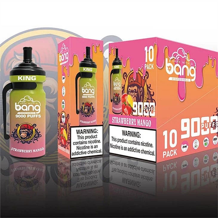 Bang disposable vape box and device featuring "Strawberry Mango" flavor with "9000 Puffs" branding and nicotine warning labels.