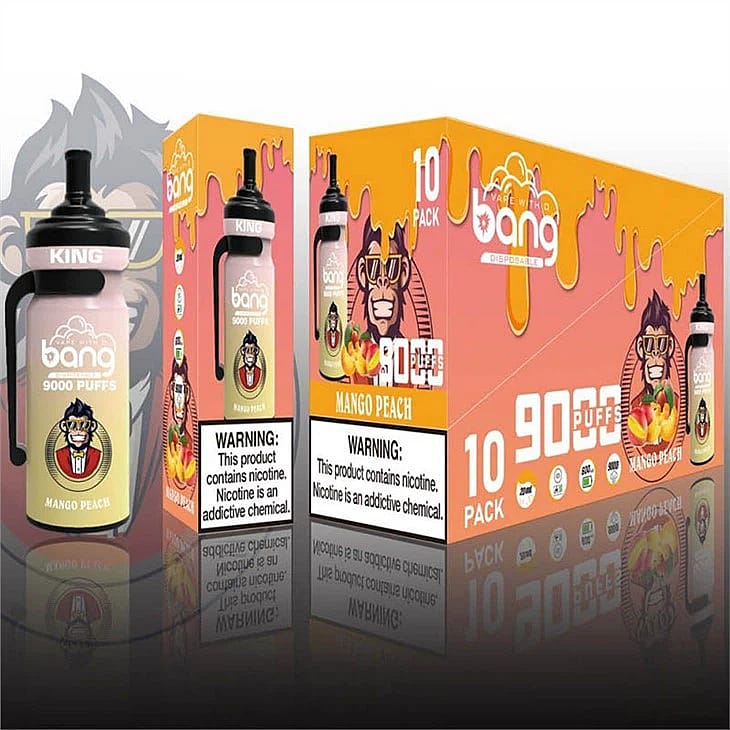 Bang disposable vape 10-pack featuring Mango Peach flavor with 9000 puffs per device, warning labels on the packaging, and a gorilla mascot on the box.