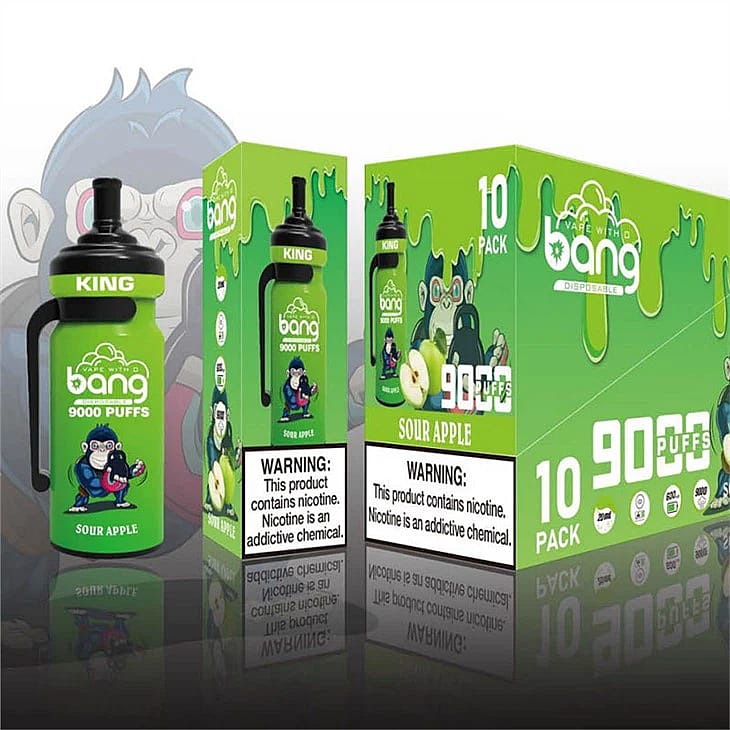 Green vape packaging with a "Bang" logo, featuring a cartoon gorilla, the flavor "Sour Apple," and the text "9000 Puffs" with a nicotine warning.
