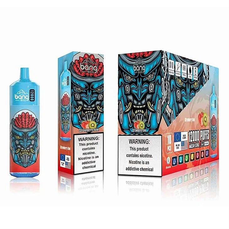 Embalaje e imagen de producto del vaporizador desechable Bang Box 12000 puffs en sabor Fresa Kiwi, con un diseño colorido e intrincado con etiquetas de advertencia sobre el contenido de nicotina.