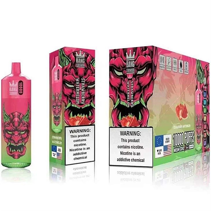 Verpackung eines Einweg-Vapes mit der Aufschrift "Bang Tornado" mit einem rosa-grünen Design, das ein dämonisches Gesicht zeigt, mit der Aufschrift "Strawberry Watermelon" (Erdbeer-Wassermelonen-Geschmack) und Warnhinweisen zum Nikotingehalt.