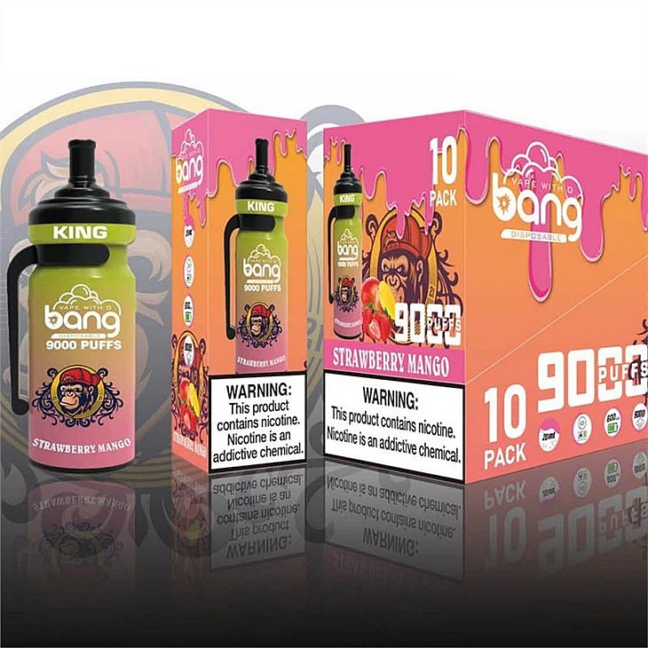 Bang disposable vape box and device featuring "Strawberry Mango" flavor with "9000 Puffs" branding and nicotine warning labels.