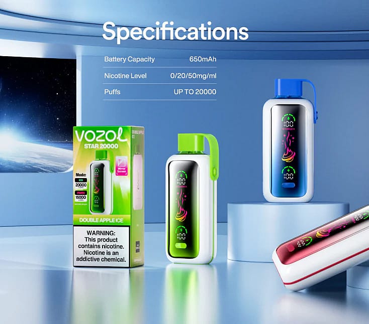 Anzeige der Vozol Star 20000-Vaping-Geräte und der Verpackung mit Spezifikationen wie 650 mAh Akkukapazität, Nikotinwerten zwischen 0–50 mg/ml und bis zu 20.000 Zügen, mit hellen Farbanzeigen und modernem Design.