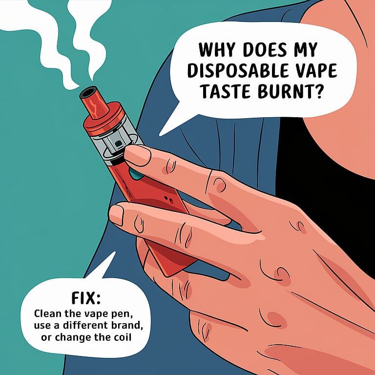 En hand som håller i en vape-pennan, med pratbubblor som frågar "Varför smakar min engångsvape bränt?" och föreslår lösningar: "Rengör pennan, använd ett annat märke eller byt spole."