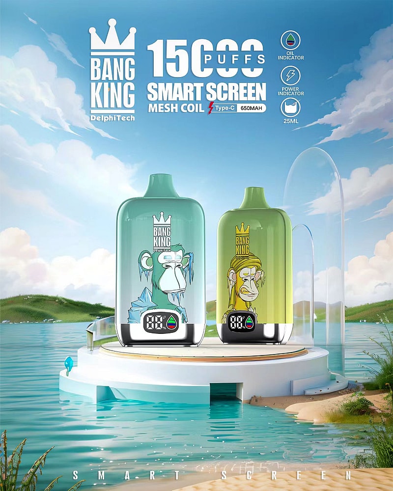 Two disposable vape devices labeled "Bang King" are displayed in a futuristic outdoor setting. Each device features a smart screen and a cartoon ape graphic, offering 15,000 puffs with a 650mAh battery and 25ml capacity.
