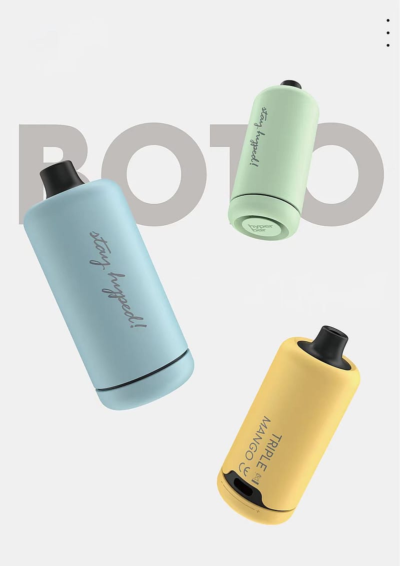 Tre färgglada vape-enheter flyter mot en ljus bakgrund, märkta med "stay hyped!" och "TRIPLE MANGO."