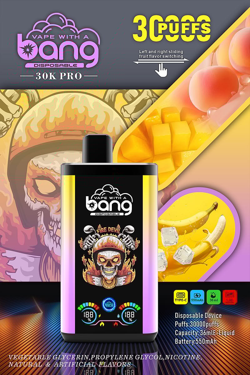 Promotional image for "Vape with a Bang" 30K Pro disposable vape device, highlighting features such as 30,000 puffs, sliding fruit flavor switching, 36mL liquid capacity, 550mAh battery, and Type-C charging. The design includes a "Fire Devil" graphic, with illustrations of fruit flavors like peach and banana. Text at the bottom lists ingredients.