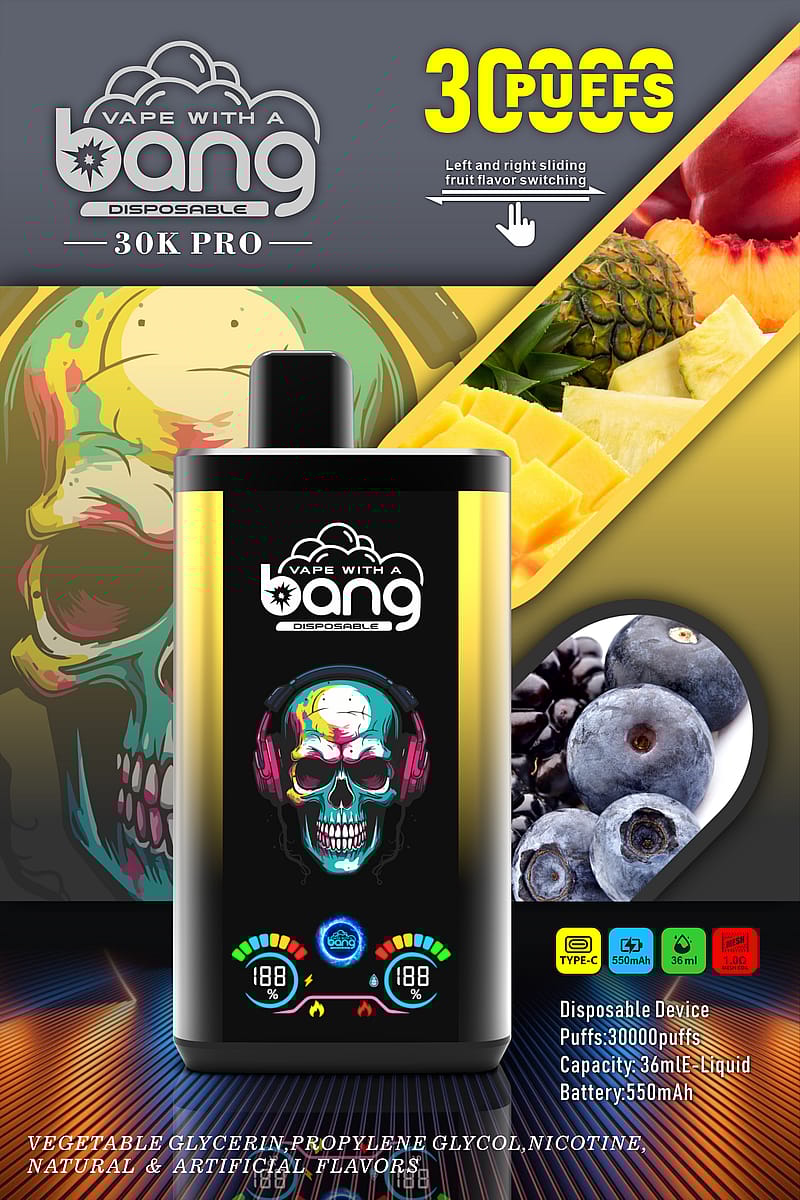 Promotional image of a "Vape with a Bang Disposable 30K Pro" vape device. The device features vibrant artwork, offers 30,000 puffs, and has a sliding mechanism for fruit flavor switching. The image includes details about specifications including 36ml e-liquid capacity, 550mAh battery, and mentions ingredients: vegetable glycerin, propylene glycol, nicotine, and natural & artificial flavors.