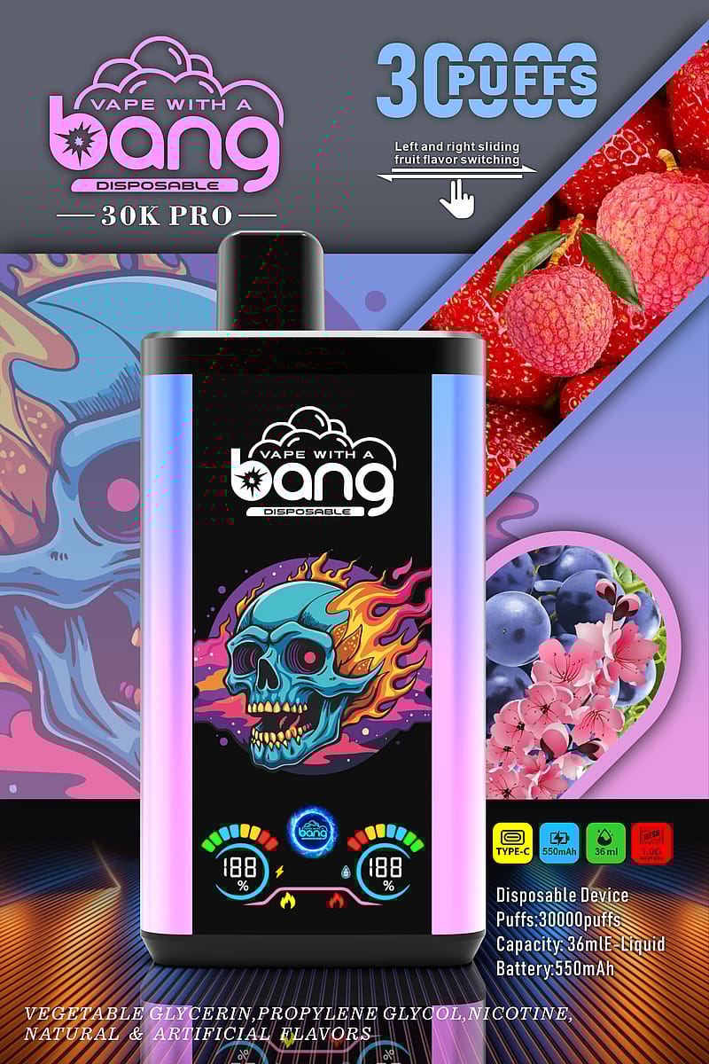 Vape with a Bang 30K Pro disposable vape device advertisement featuring 30,000 puffs, 36mL e-liquid capacity, and 550mAh battery. Image includes fruity flavors, a colorful vape design with a flaming skull, and product details.