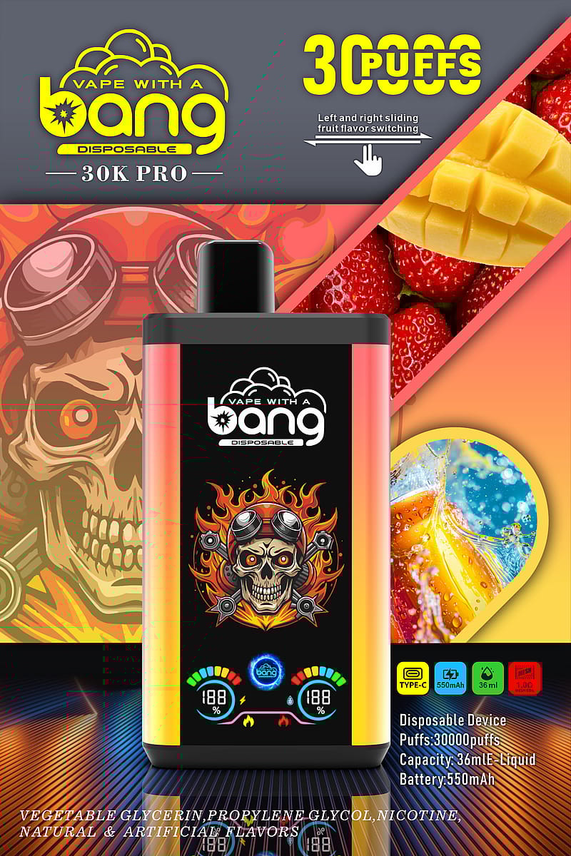 "Vape With A Bang" 30K Pro disposable vape product with a skull and flames design, featuring 30,000 puffs, switchable fruit flavors, and a 550mAh battery.